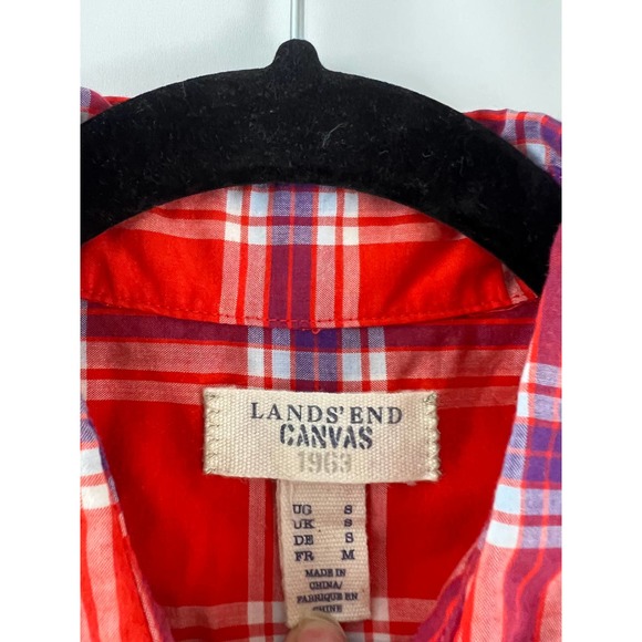 Women's Lands' End Canvas 1963 Long Sleeve Plaid Shirt Blouse Top Orange Blue S - Picture 2 of 5